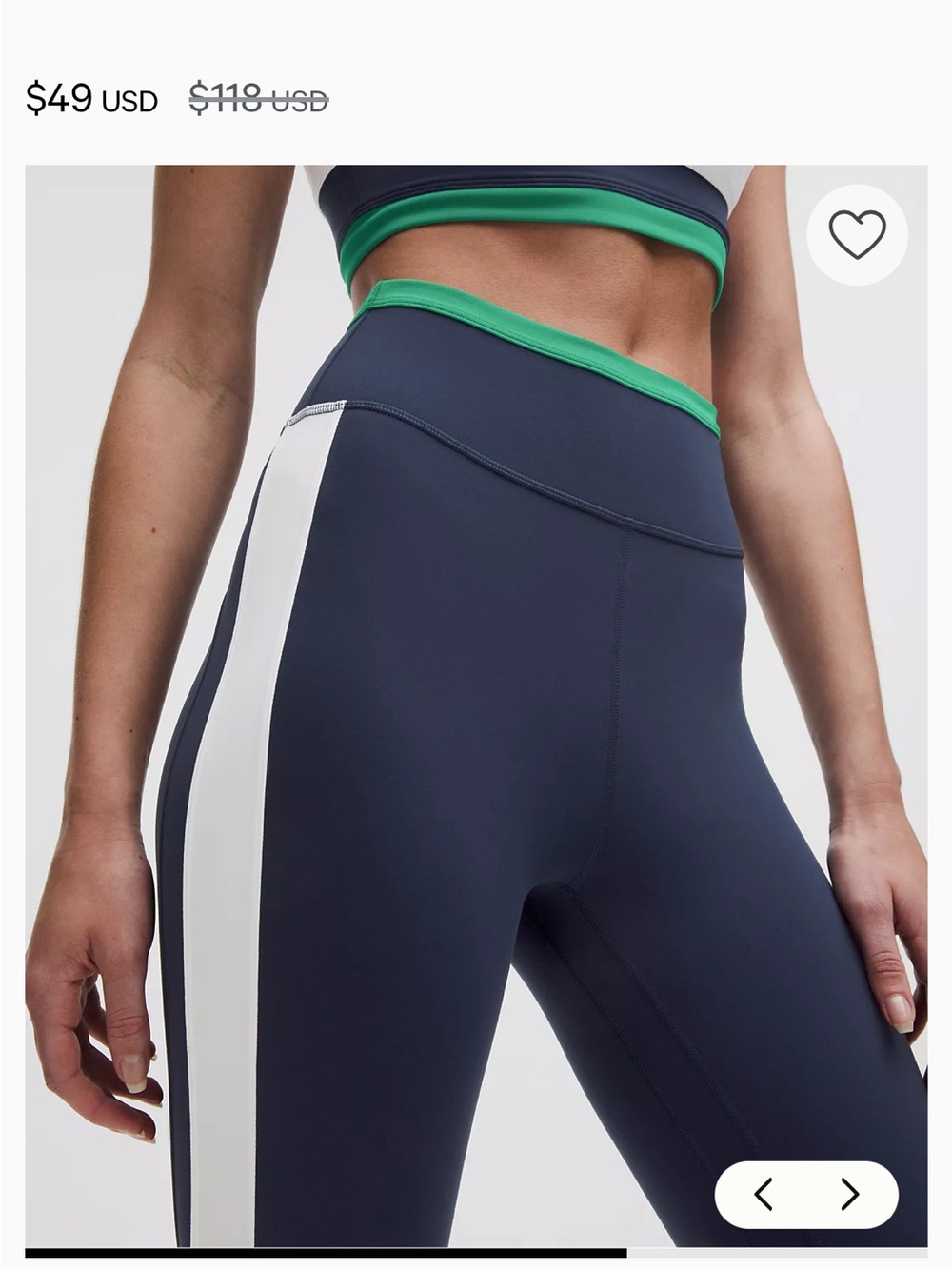 lululemon athletica Navy Leggings with White Side Stripe and Green Waistband